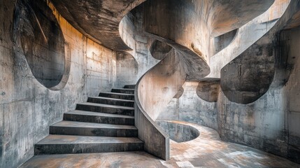 Poster - Abstract concrete spiral staircase in a modern building with unique architectural design and textured walls.