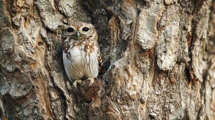 an owl perched on a tree branch, its feathers perfectly camouflaged to blend with the bark of the tr