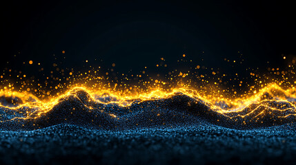 Fototapete - A vibrant, abstract representation of waves with luminous golden and blue particles against a dark background