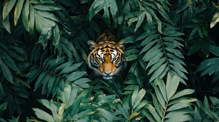 Wall Mural - A tiger in the wild, its stripes camouflaging it perfectly in the dense, leafy jungle environment.