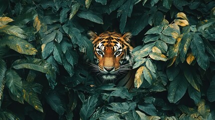 Wall Mural - A tiger in the wild, its stripes camouflaging it perfectly in the dense, leafy jungle environment.