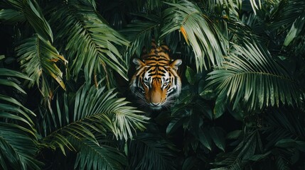 Wall Mural - A tiger in the wild, its stripes camouflaging it perfectly in the dense, leafy jungle environment.