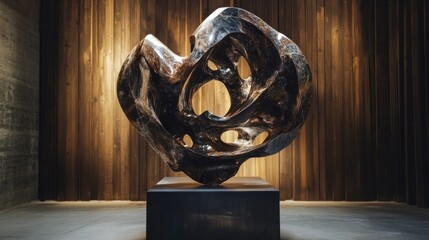 Poster - Abstract dark wood sculpture on a pedestal against a wooden wall.