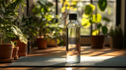 Poster - A clear plastic bottle filled with water is placed prominently on a textured mat. Sunlight streams through tall windows, illuminating surrounding houseplants in pots.