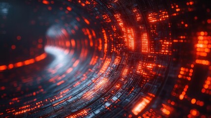 Poster - Abstract digital tunnel with glowing red and blue lights.
