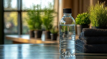 Poster - A clear water bottle filled with fresh water rests on a table in a wellness center. Nearby, lush green plants and neatly folded towels create a serene atmosphere in natural light.
