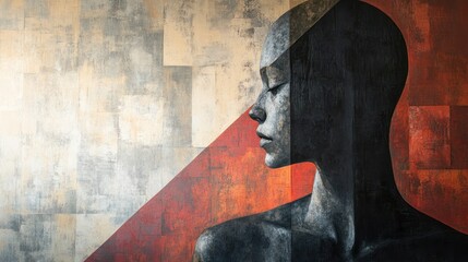 Poster - Abstract female portrait, painted on textured wall, profile view, calm expression, dark and light tones.