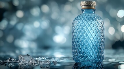 Leinwandbilder - A blue glass bottle with a diamond pattern is placed on a shiny, wet surface. Surrounding droplets of water catch the light, creating a sparkling effect. The background is slightly blurred.
