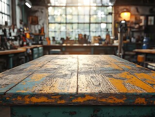 Wall Mural - vintage weathered wooden table in cozy workshop with soft ambient lighting for product display