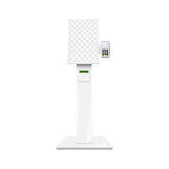 Wall Mural - Floor standing self-service kiosk with touchscreen display, card swipe POS machine and receipt printer. Realistic 3d vector mockup. Interactive touch screen stand. Mock-up. Template for design