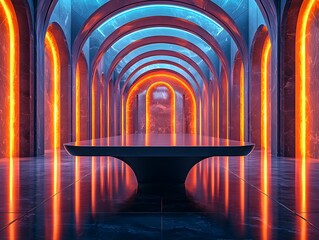 Wall Mural - luminous architectural passage with glossy black table
