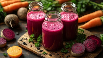 Aufkleber - Three glass jars filled with bright beet and carrot juice sit on a wooden cutting board. Surrounding the jars are fresh vegetables including carrots and beets, showcasing a healthy lifestyle.