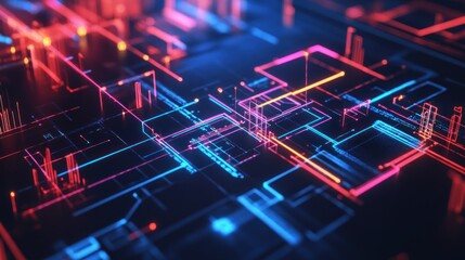 Fototapete - Abstract glowing circuit board lines and nodes in red, blue, and orange.
