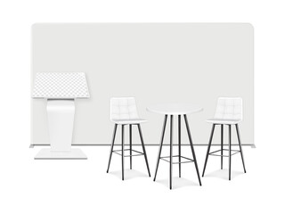 Wall Mural - Trade show booth display kit mock-up. Expo tradeshow set template. backdrop banner stand, touch screen interactive kiosk, white round counter high exhibition table, two bar chairs. 3d vector mockup