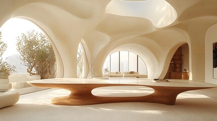 Poster - modular modern table in abstract gallery interior with sculptural elements