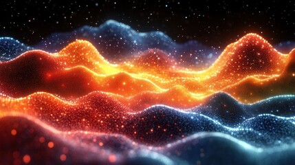 Poster - Abstract glowing particles forming vibrant, undulating hills in blue and orange hues against a dark background.