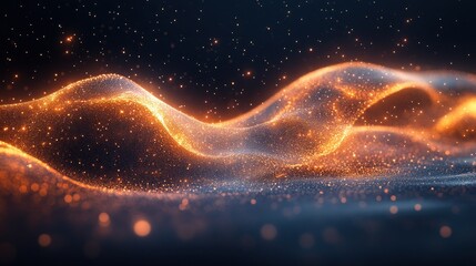 Aufkleber - Abstract glowing wave of particles, orange and blue hues on dark background.