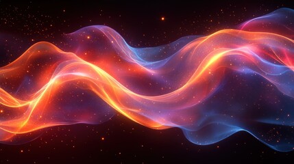 Poster - Abstract glowing wave, red and blue energy flow, dark background, particles.