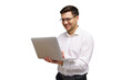 © muse studio - Smiling man in white shirt working on laptop while standing against a white background