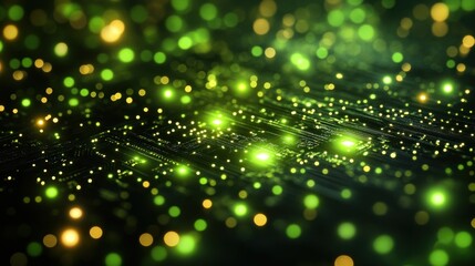 Fototapete - Abstract green glowing circuit board texture with bokeh lights.