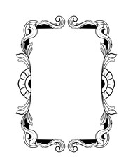 Wall Mural - Elegant black and white ornate floral frame with symmetrical decorative flourishes and detailed floral elements. Classic vintage border design on a white background. Vector illustration