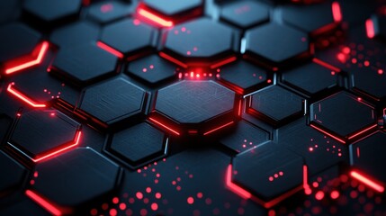 Fototapete - Abstract hexagonal dark metallic grid with red neon lights.