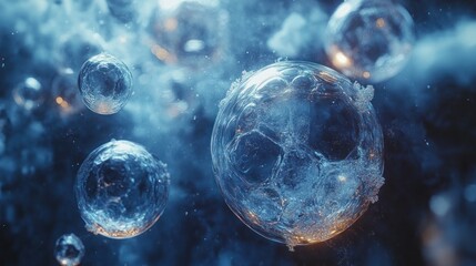 Poster - Abstract icy spheres floating in smoky blue space.
