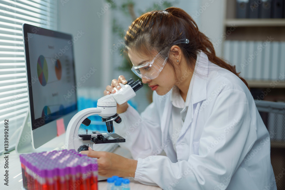 Lab Sample Monitoring Scientist in lab coat and protective glasses analyzing blood sample ...