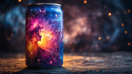 Fototapete - A beverage can featuring a vibrant cosmic design with swirling colors stands on a textured surface. The background is filled with glowing light effects, creating a captivating atmosphere.