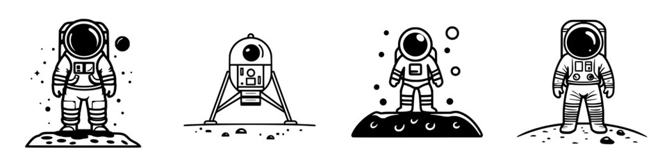 Wall Mural - astronauts and lunar lander illustrated in a minimalist style on a lunar surface