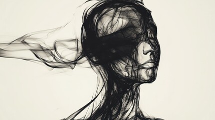 Poster - Abstract portrait of a woman's face, rendered in dark smoke-like tendrils, suggesting mystery, thought, or emotion.