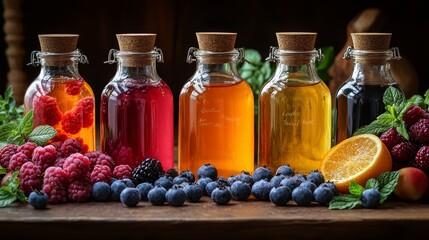 Aufkleber - Bottles of vibrant fruit syrups are thoughtfully arranged on a wooden table, surrounded by an assortment of fresh berries and citrus fruits.