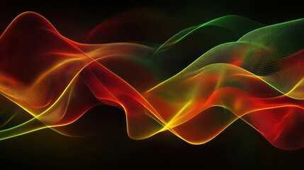 Leinwandbilder - Abstract red, green, yellow, and orange wave design on black background.