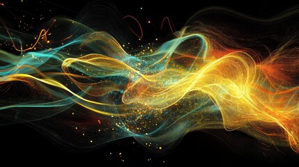 Aufkleber - Abstract swirling energy flow with vibrant colors and glowing particles on black background.