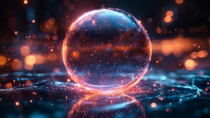 Fototapete - A vibrant visualization illustrates quantum mechanics concepts. A glowing orb represents a qubit in a state of superposition, surrounded by interconnected particles.