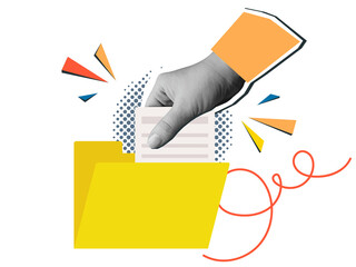 Hand puts a document into a yellow folder. Modern collage style. Illustration on transparent background