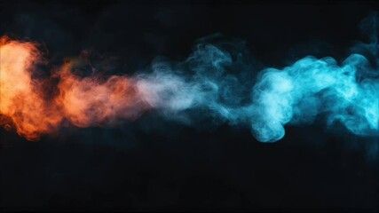 dramatic swirling blue and orange smoke on a dark background in dynamic motion. seamless looping 4k 