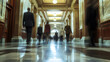 © watz - Blurred figures walk through a grand hallway with marble floors ornate ceilings and classical columns conveying a sense of hurried purpose.