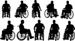© Ninja in Pajamas - disabled man in wheelchair silhouettes vector. Silhouettes disabled in a wheel chair. Vector drawing rights in a wheelchair. silhouette businessman sitting on wheelchair over white background
