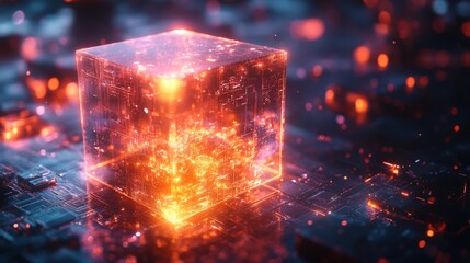 Aufkleber - A vibrant qubit is showcased in a complex digital landscape, illustrating key quantum concepts such as superposition and entanglement. The glowing cube represents advanced technology.