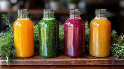 Aufkleber - A variety of fresh juices are showcased in glass bottles on a wooden surface surrounded by herbs. The vibrant colors invite health-conscious customers to indulge.