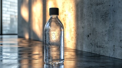 Leinwandbilder - A transparent water bottle stands on a polished surface, catching sunlight in a stylish, modern interior.