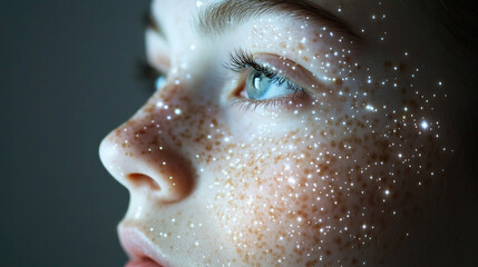 Wall Mural - cosmic freckles: a close-up of a face with freckles illuminated like constellations under soft light