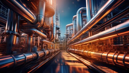 Intricate network of pipes lit dramatically, highlighting industrial design in a modern setting.