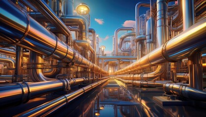 Pipes weave together in a complex design, reflecting the warm glow of sunset against a vibrant sky.