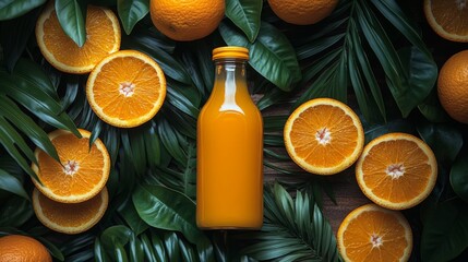 Aufkleber - Bright orange juice bottle placed centrally among sliced oranges and lush green leaves, creating a refreshing and summery atmosphere. Perfect for a healthy lifestyle.