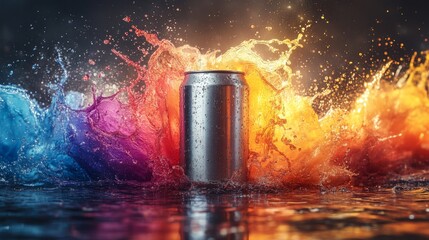 Leinwandbilder - A silver soda can stands prominently against a backdrop of vivid splashes in shades of blue and orange, creating a lively atmosphere. The water reflects the colors vividly.