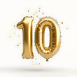 © creative - Golden balloons forming number ten floating with falling confetti