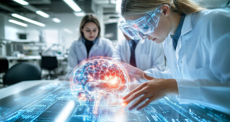 Aufkleber - Group of interns dressed in lab coats work together on advanced medical technology. They focus intently on a digital brain model, exploring its potential applications in medicine.