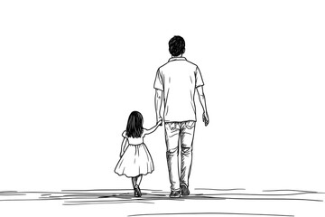 Wall Mural - a continuous line drawing depicts a happy family, with a father and child walking together in a mini
